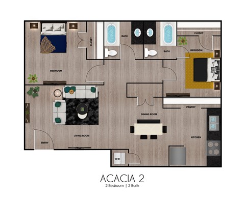 Floor plan for 2 beds, 2 baths, 1008 sqft